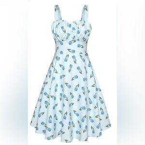 BELLE POGUE Women's Blue Floral Dress M Retro Sleeveless Sweetheart Neckline NWT